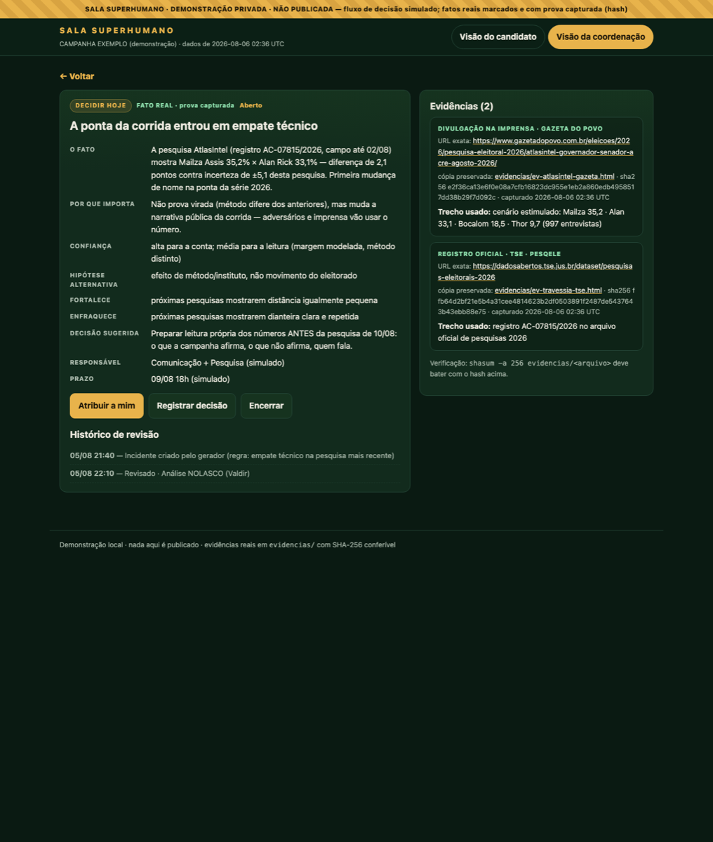 Incidente completo na sala: fato, confiança, decisão, responsável, prazo e evidências com hash